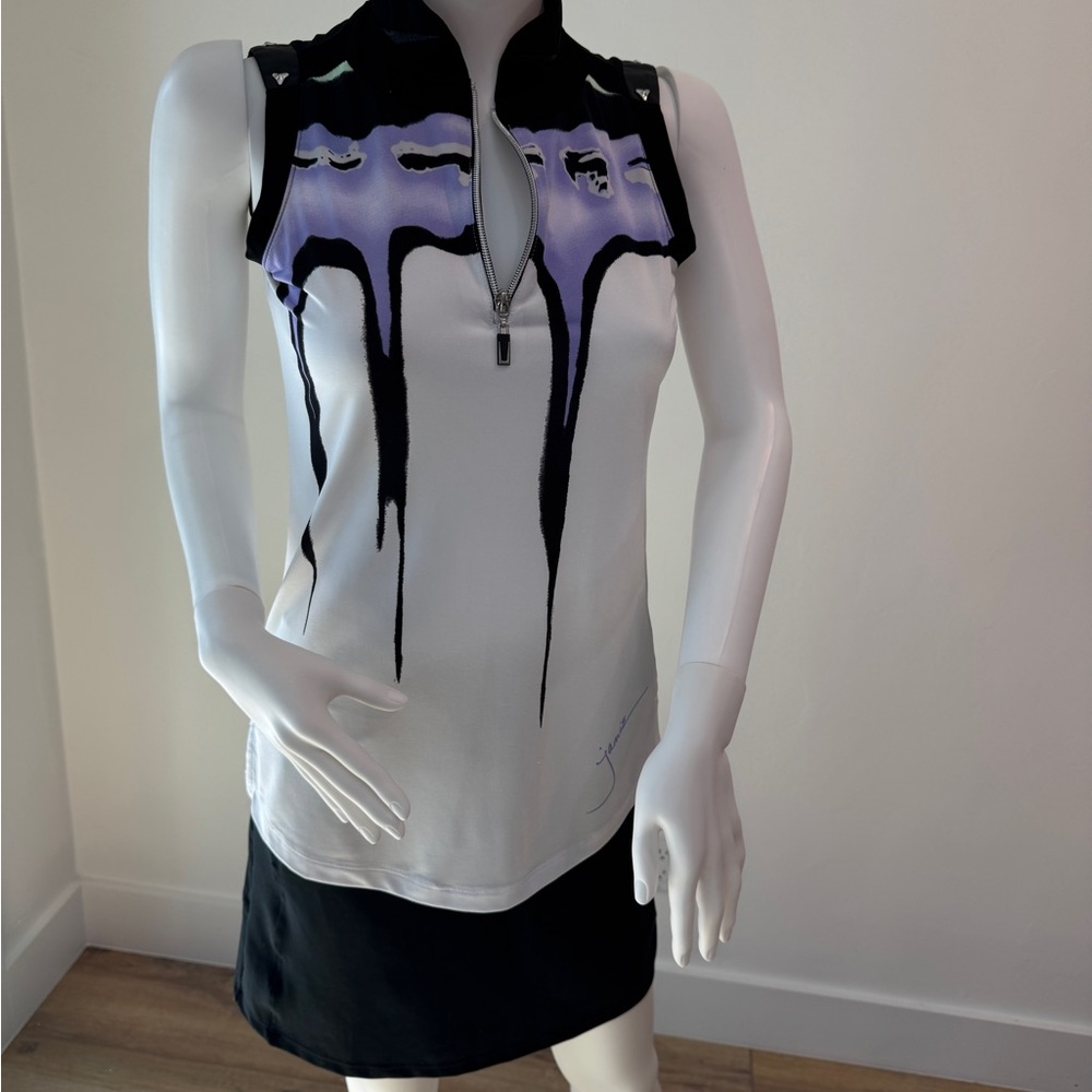 White and Purple Sleeveless Tank Top with Graphic Design and Polo Collar